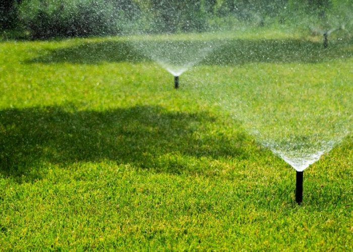 Sprinkler,System,Spraying,Water,Over,A,Lush,Green,Lawn,On